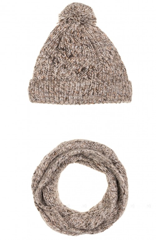 Beige Melange Wool Hat & Snood Set 