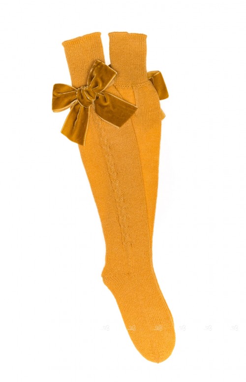 Girls Mustard Knitted Long Socks with Velvet Bow