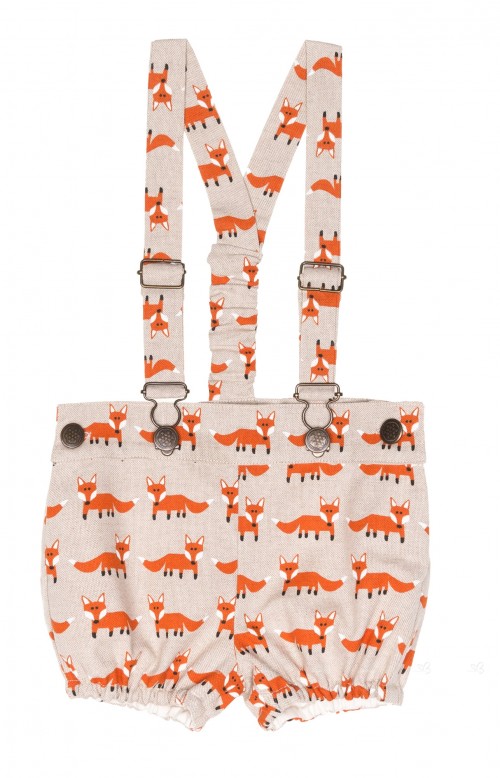 Boys Beige & Rust Fox Print Dungaree Shorts