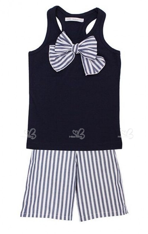 Girls Navy Blue Top & Striped Trousers Set