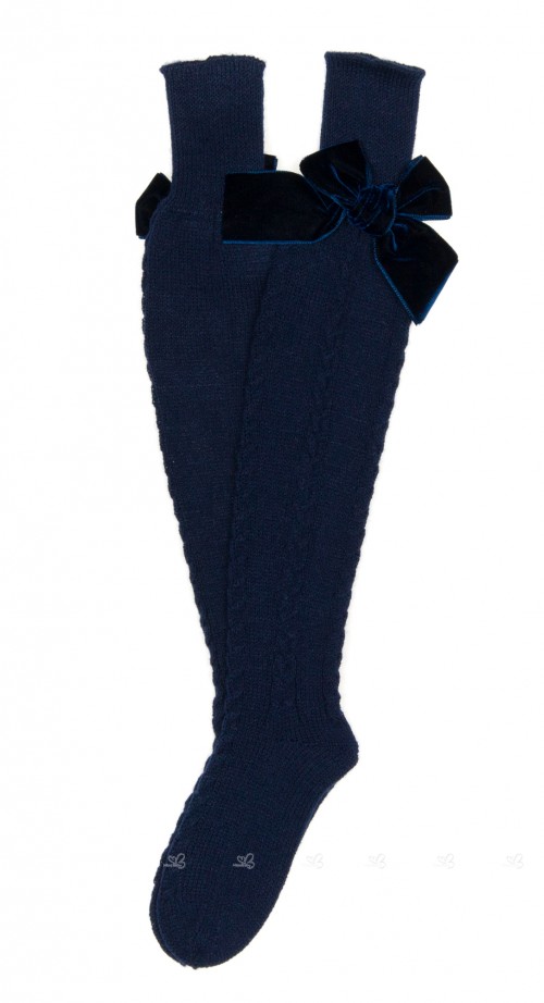 Navy Blue Fine Knitted Long Socks with Velvet Bow