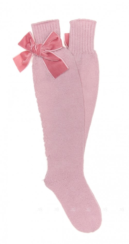 Pale Pink Fine Knitted Long Socks with Velvet Bow