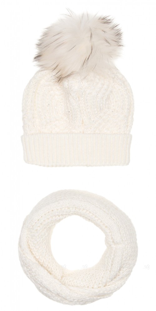 Ivory Knitted Hat with Fur Pom-Pom & Snood Set with sparkly sequins 