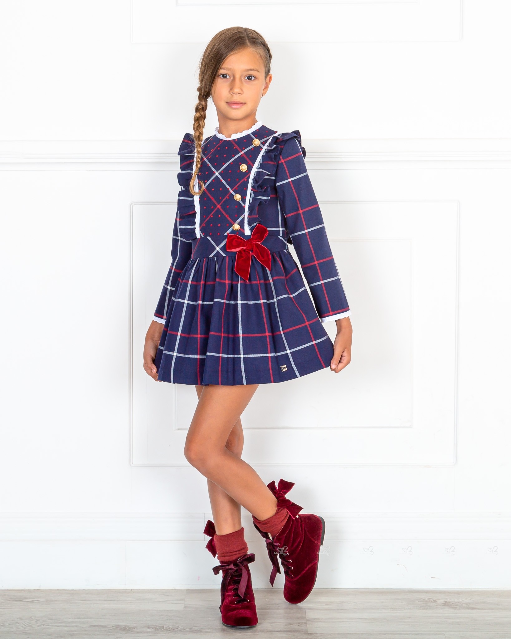 Dolce Petit Girls Navy Blue & Red Checked Dress | Missbaby