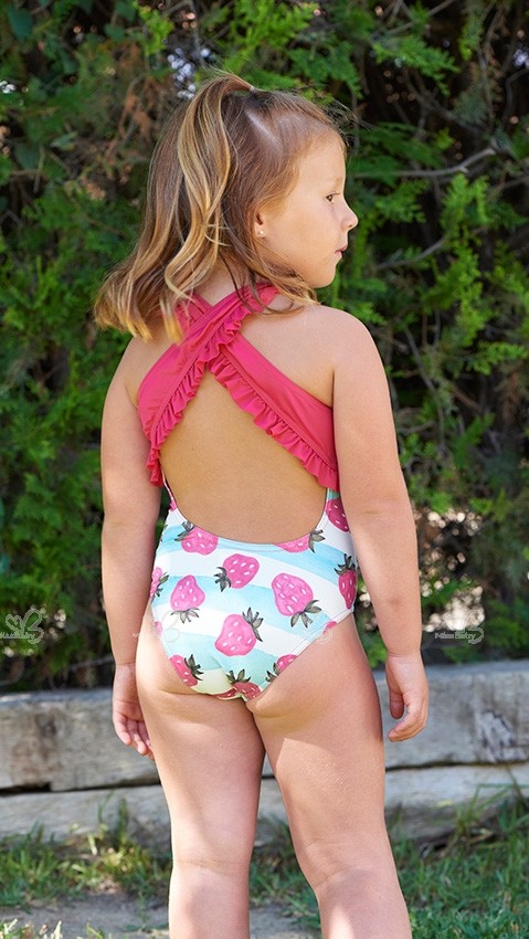 Maricruz Moda Girls Blue & Pink Strawberry Print Swimsuit | Missbaby