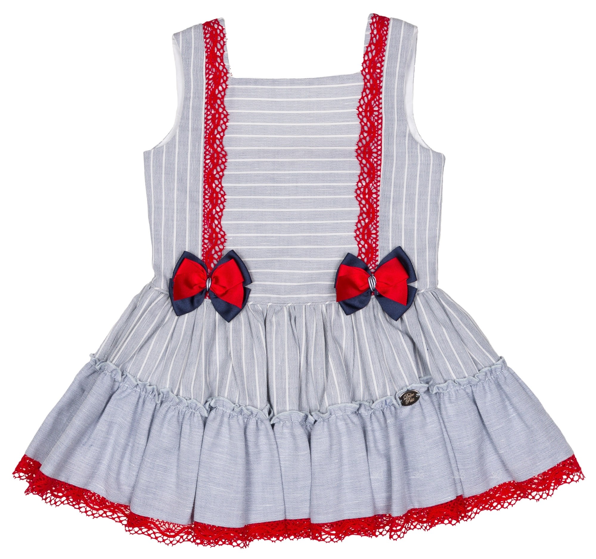 Dolce Petit Girls Denim Blue & White Striped Dress with Red Lace | Missbaby