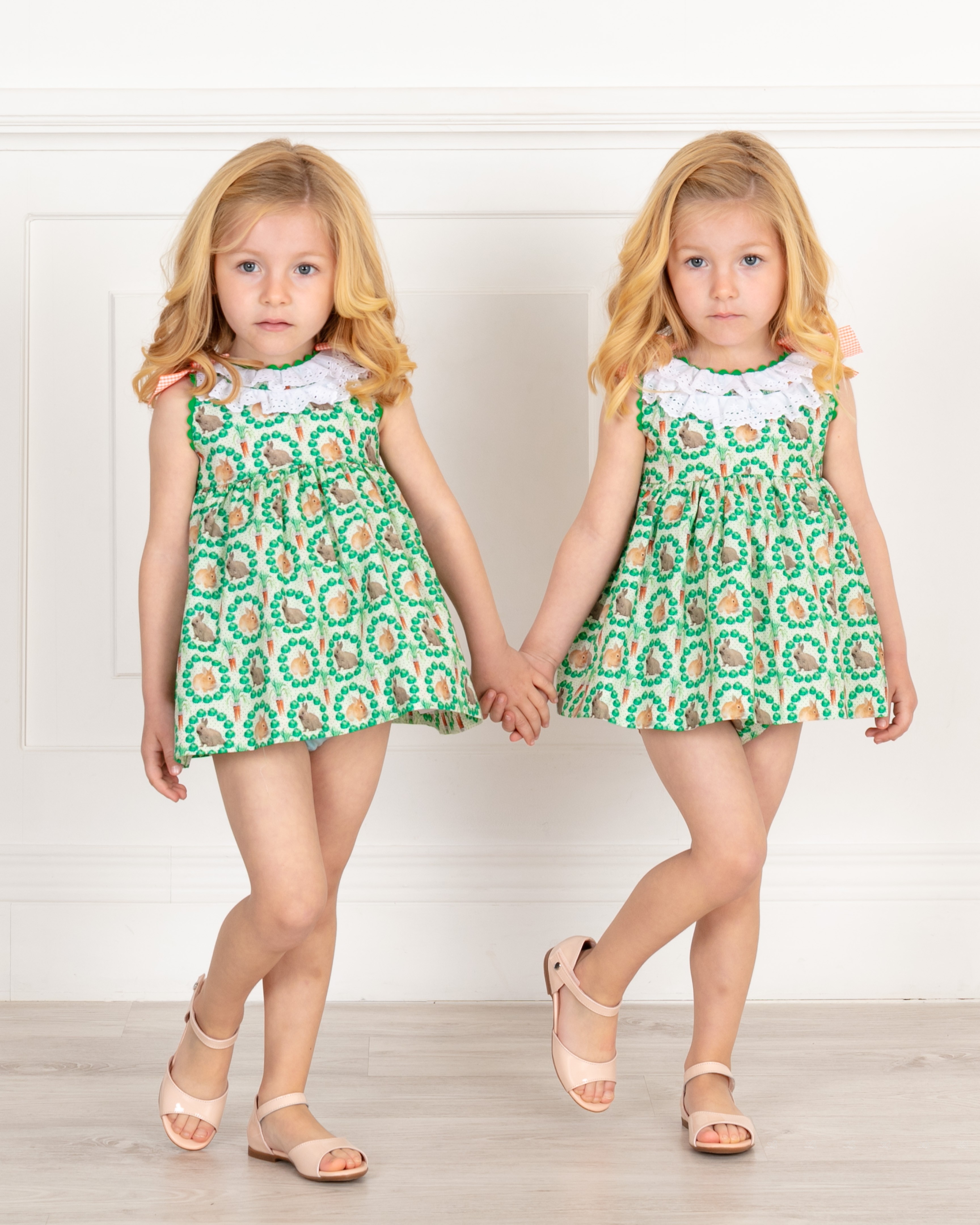 Baby Girls Green & Orange Rabbits Print 2 Piece Dress Set Outfit & ...