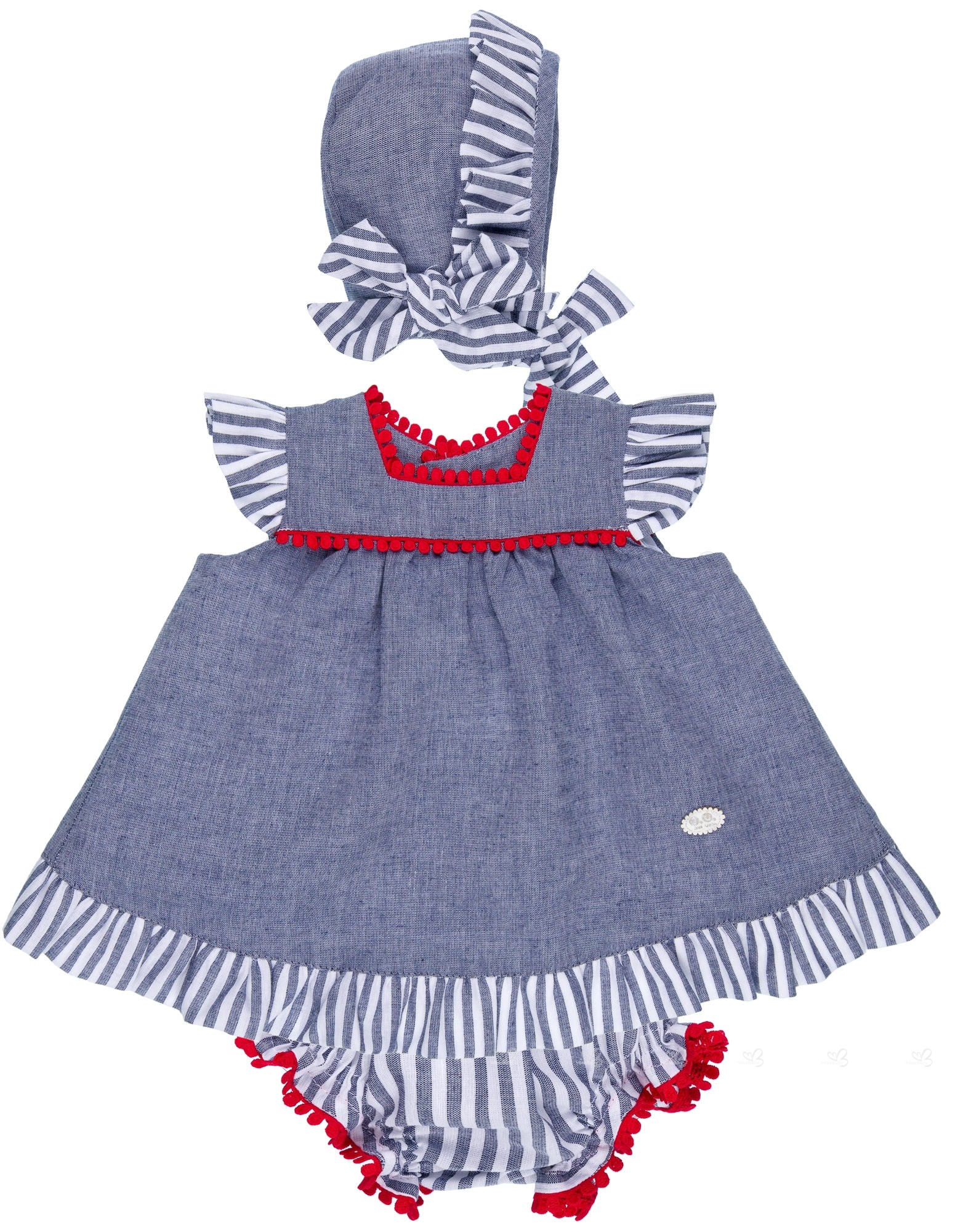 . José Varón Baby Girls Denim Blue & Stripe 3 Piece Dress Set | Missbaby