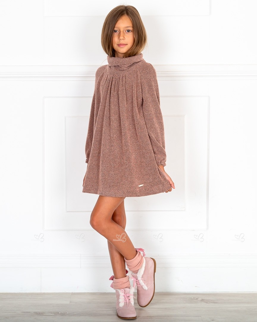 Outfit Niña Vestido Punto Elástico Rosa \u0026 Cuello Vuelto \u0026 Botines Piel  Serraje Rosa | Missbaby
