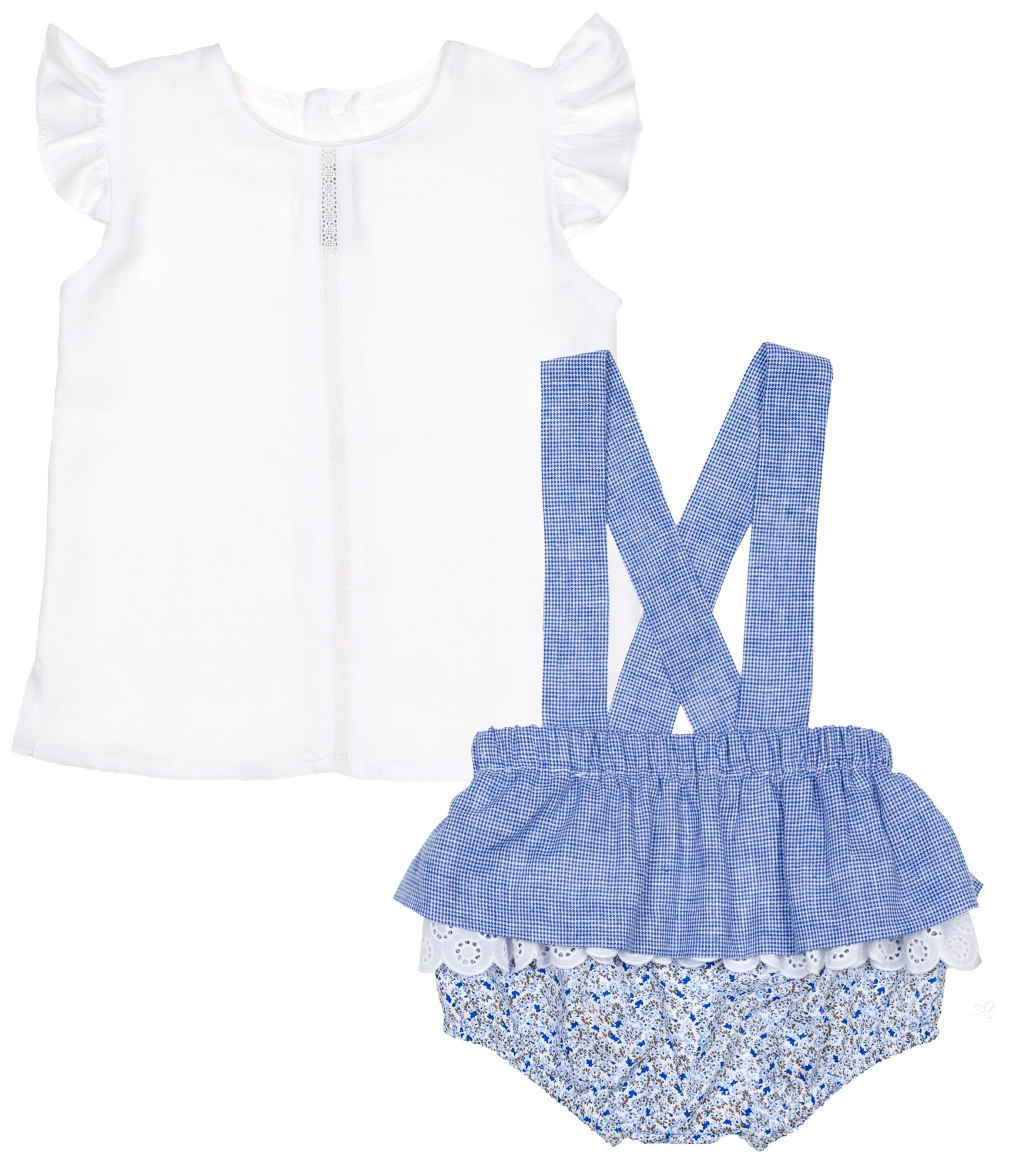 Rochy Baby Girls Ivory Linen Shirt And Blue Flower Print Gingham Shorts