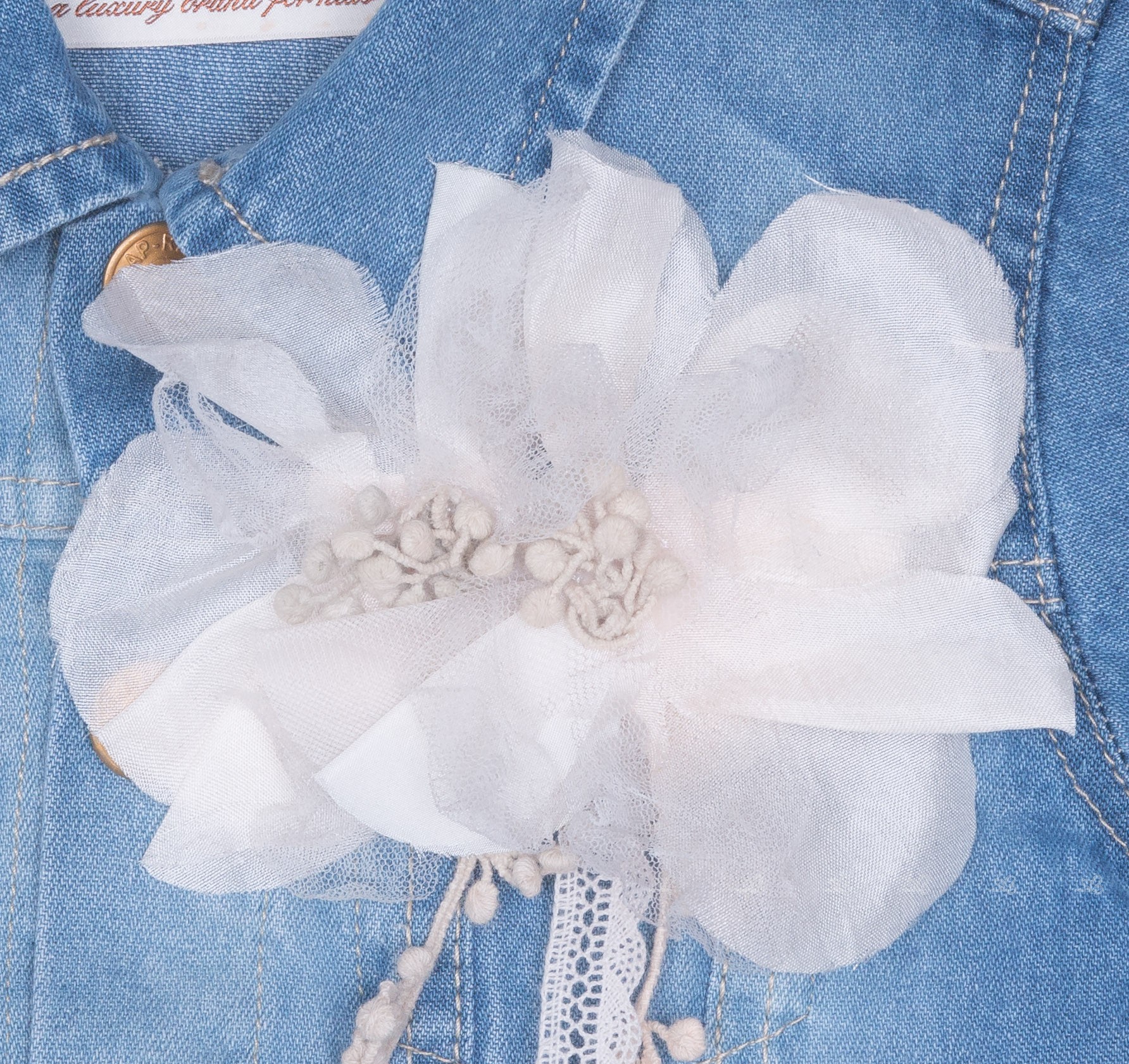 Girls Denim Jacket with Hand Made Maxi Flower Brooch & Lace Trim | Missbaby
