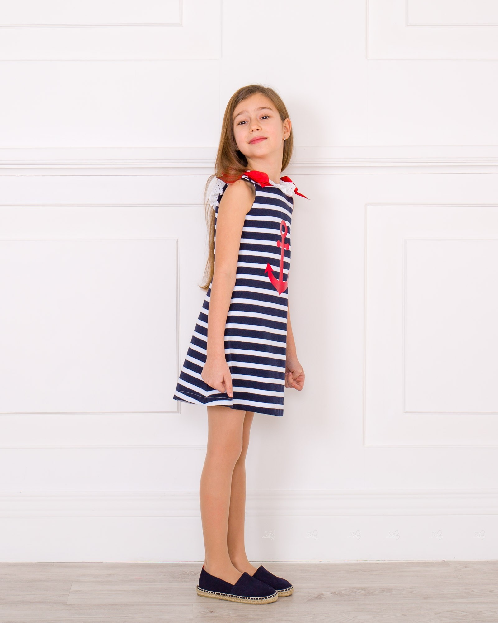 Nini Moda Infantil Girls Navy Blue & White Striped Sailor Dress | Missbaby
