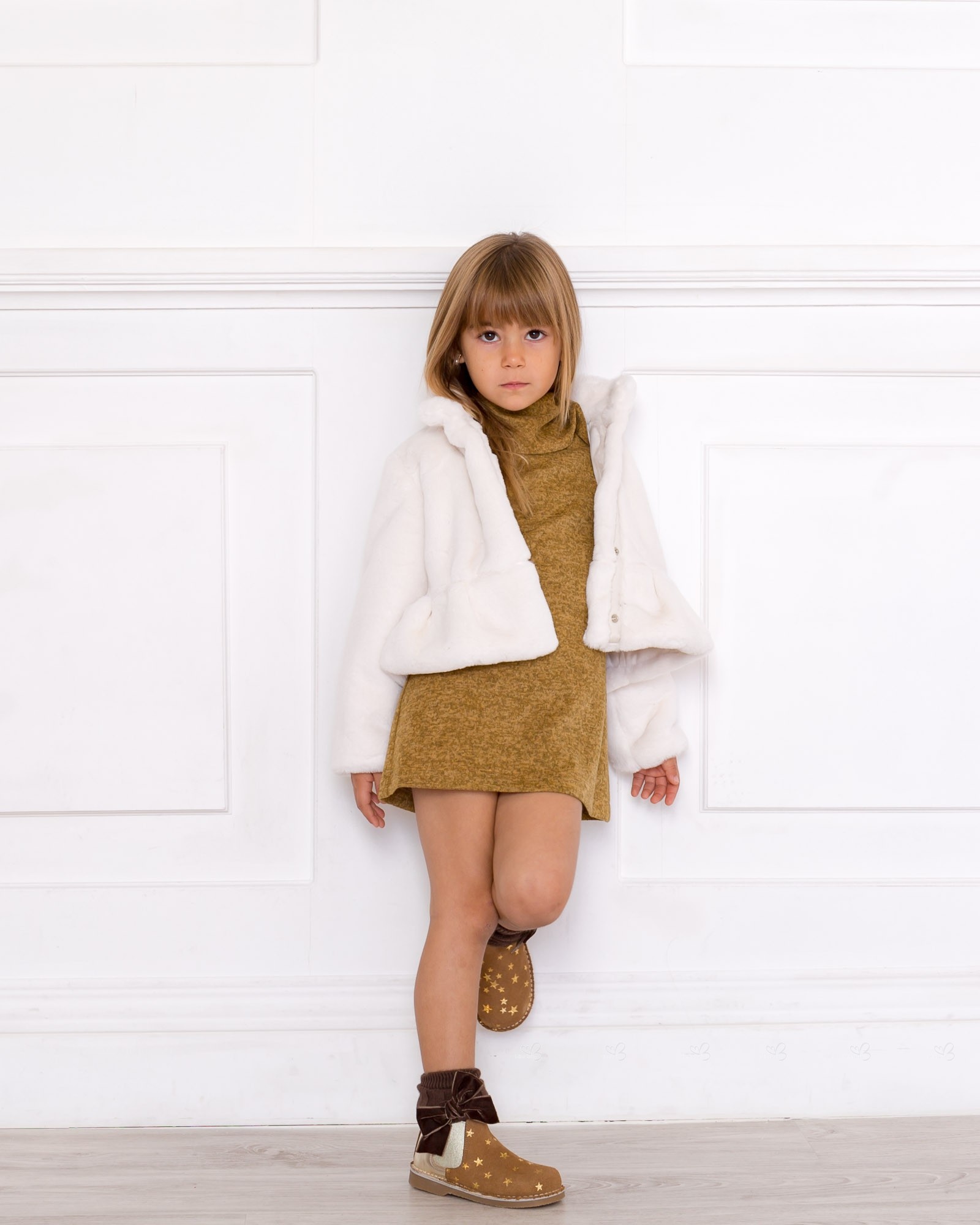 Girls Mustard & Brown Jersey Dress with Ivory Synthetic Fur Peplum Coat  Outfit | Missbaby