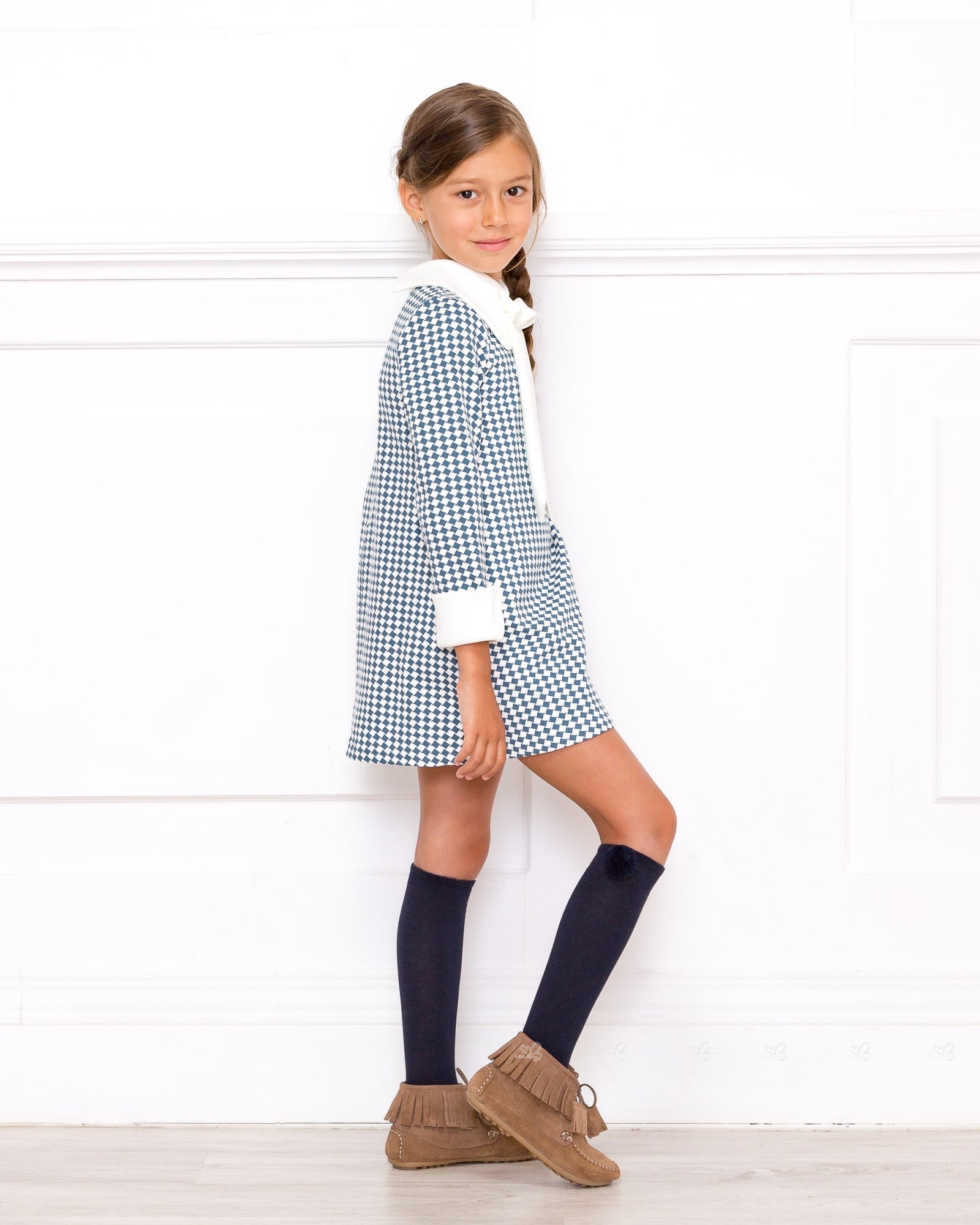 Girls Blue and White Geometric Dress & Blue Sweater Outfit | Missbaby