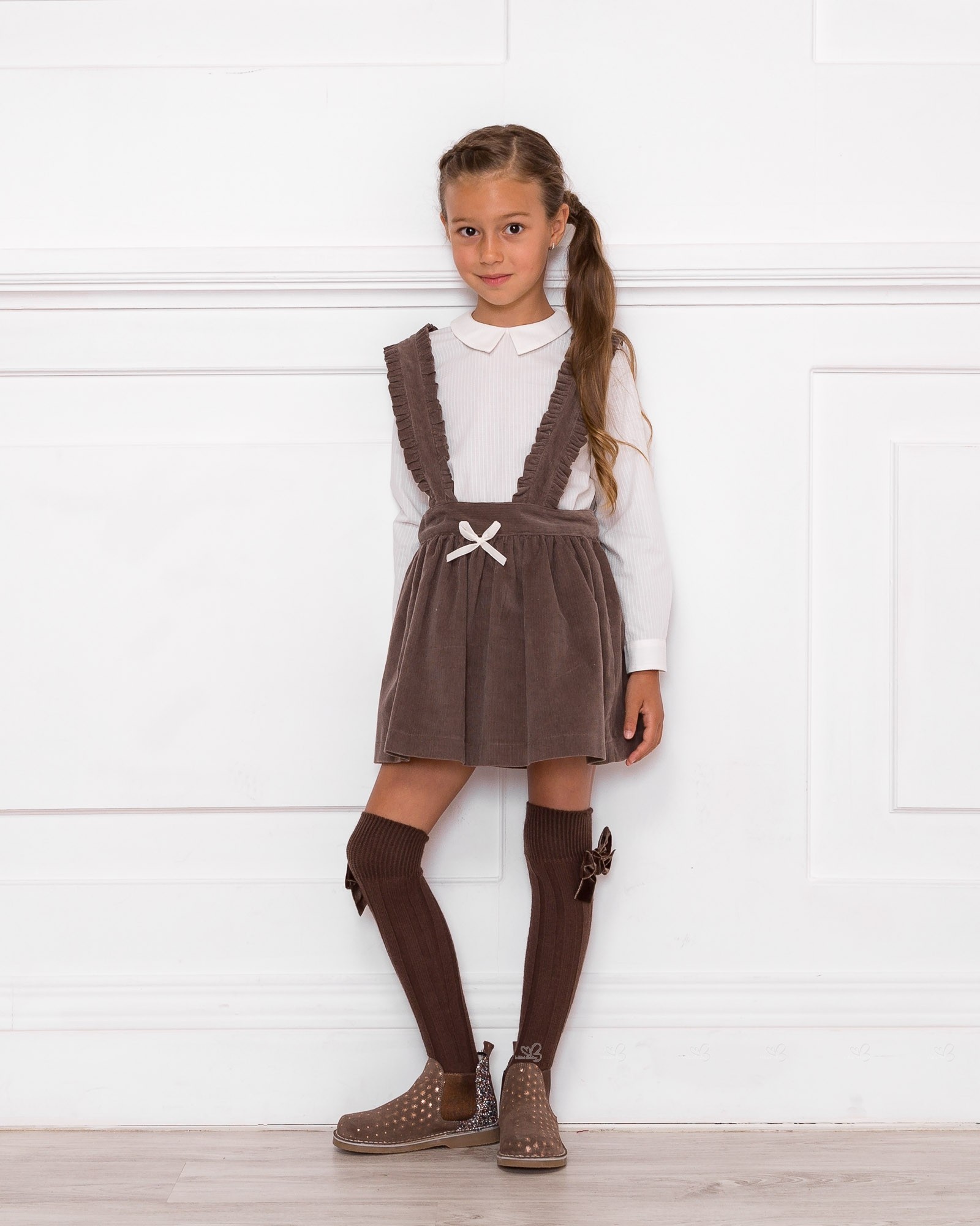 Girls White Blouse with French Collar & Chocolate Skirt Outfit | Missbaby