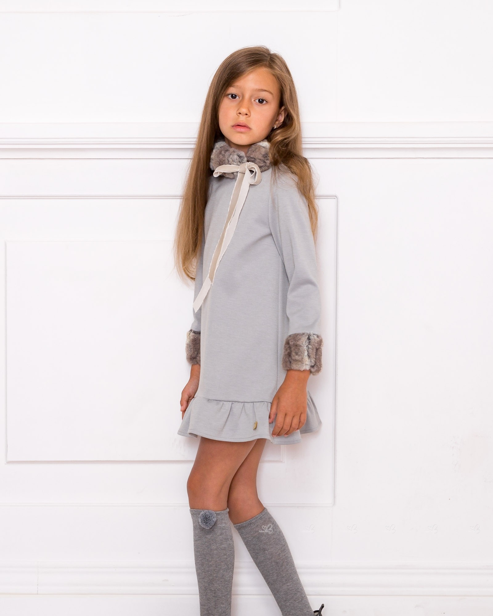 Girls Gray Jersey Dress with Removable Synthetic Fur Collar | Missbaby