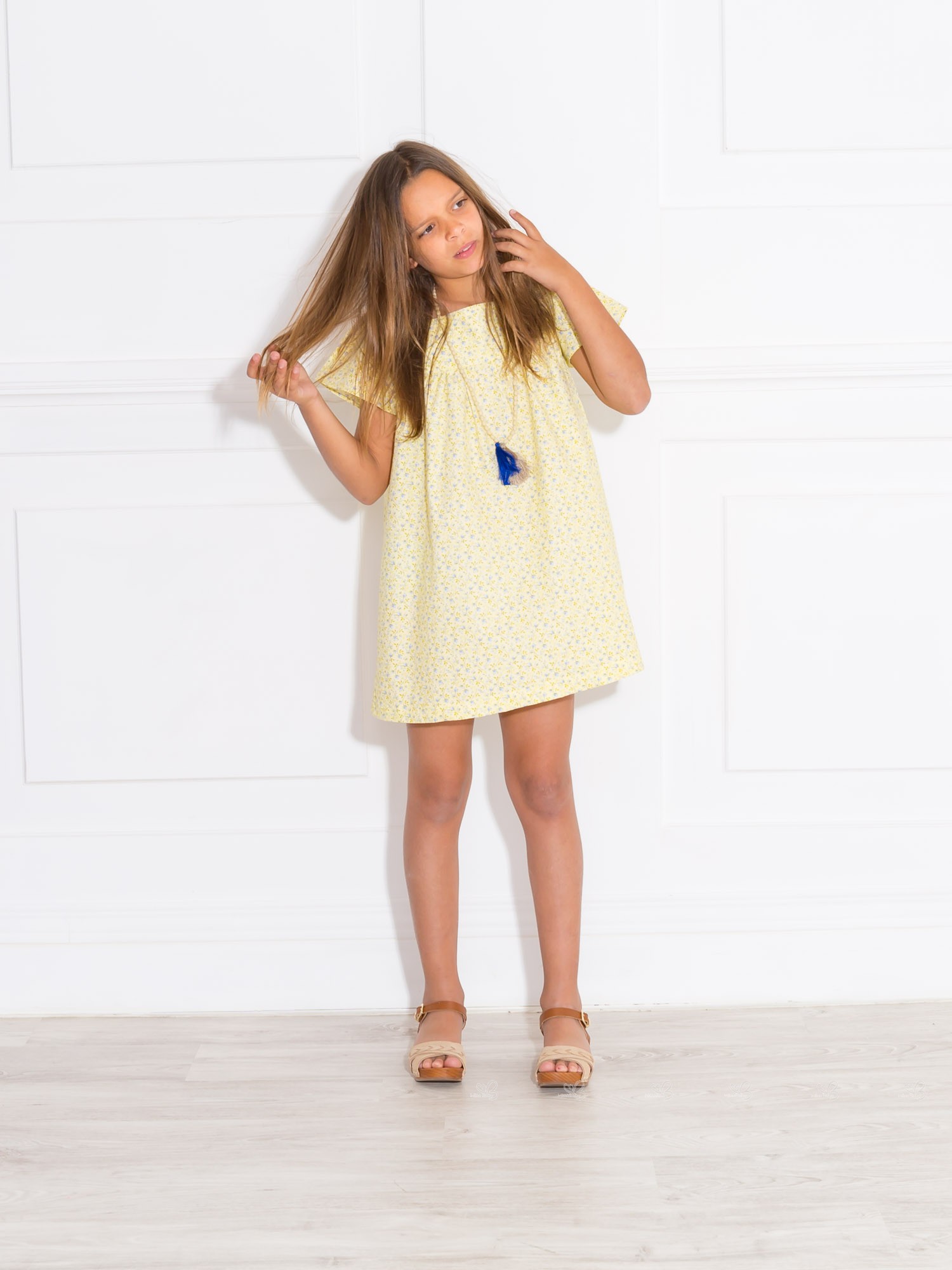 Meme Y Nana Girls Yellow Blue Floral Print Cotton Dress Missbaby