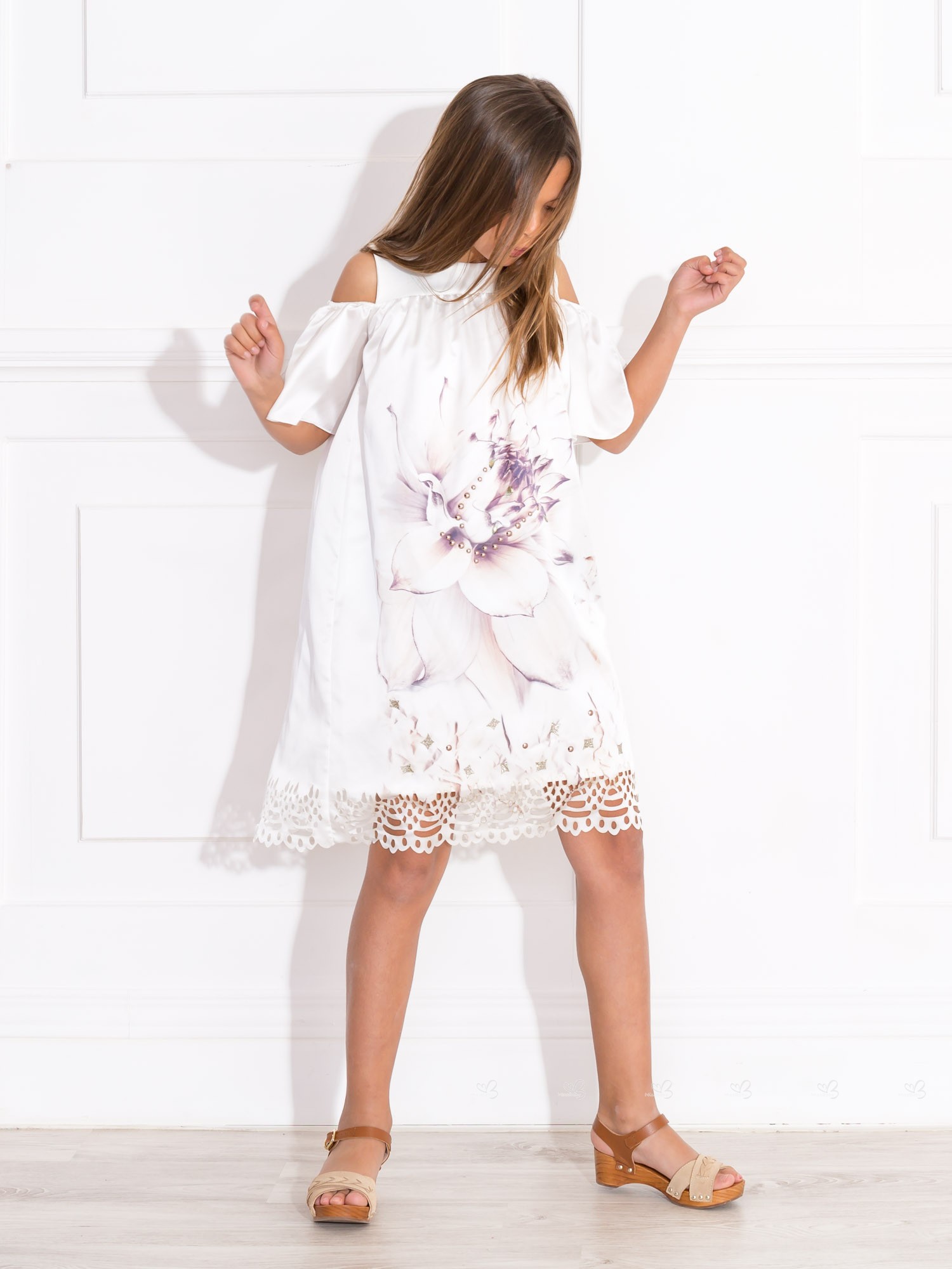 Miss Grant Girls Ivory & Floral Print Off -Shoulder Satin Dress | Missbaby