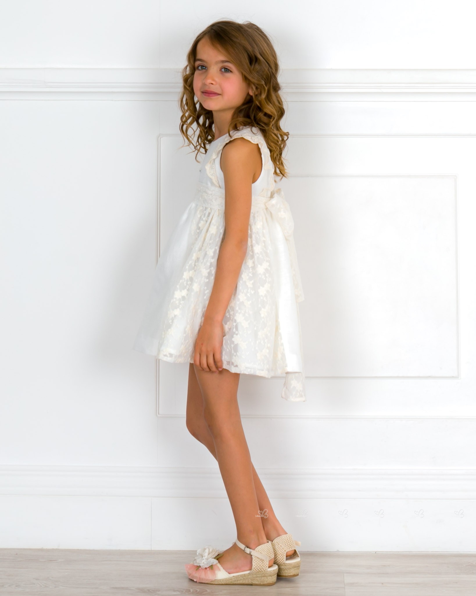 Girls Beige Lace & Tulle Embroidered Dress & Alpargatas Crudo & Beige  Espadrille Sandals & Flower Adornment Outfit | Missbaby