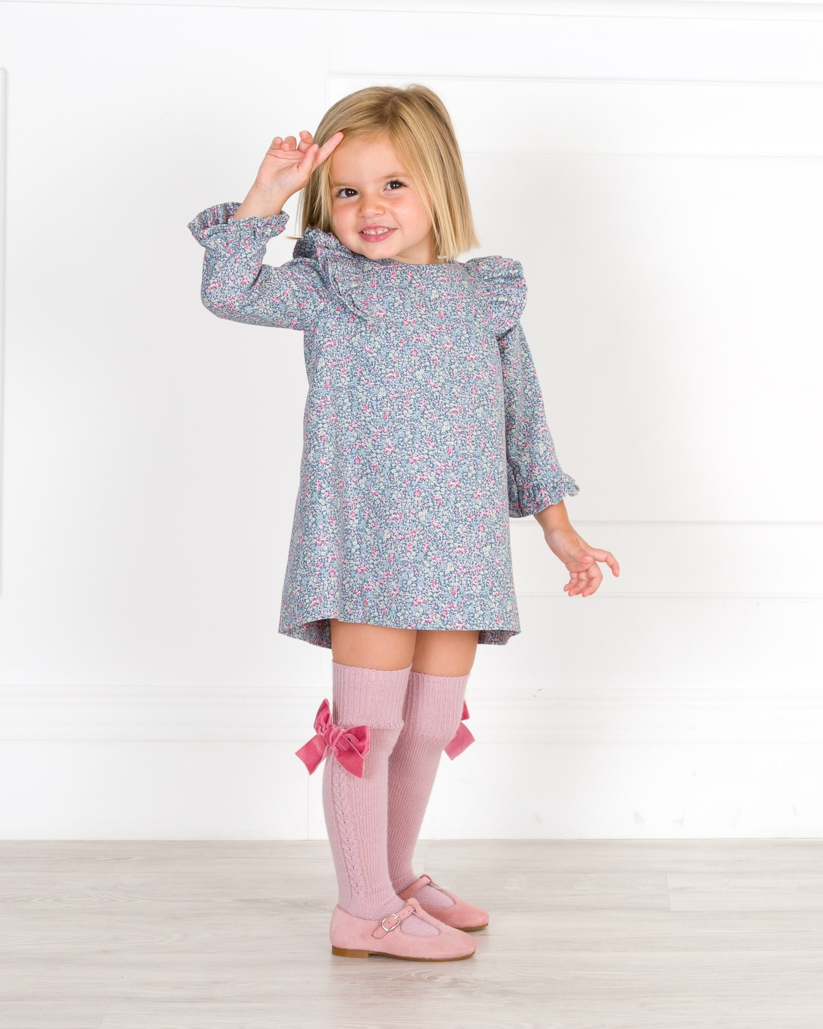 Girls Blue & Pink Liberty Dress Outfit with Pale Pink Long Socks | Missbaby