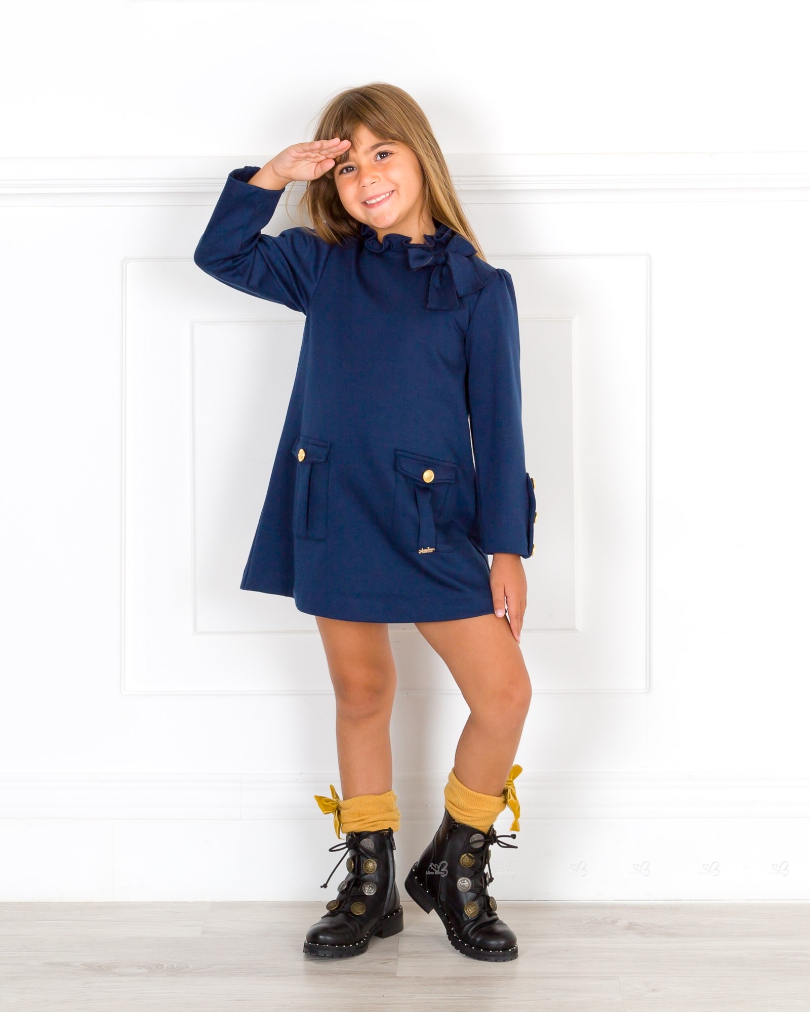Girls Navy  Blue  Jersey Dress Outfit  Mustard Long Socks 