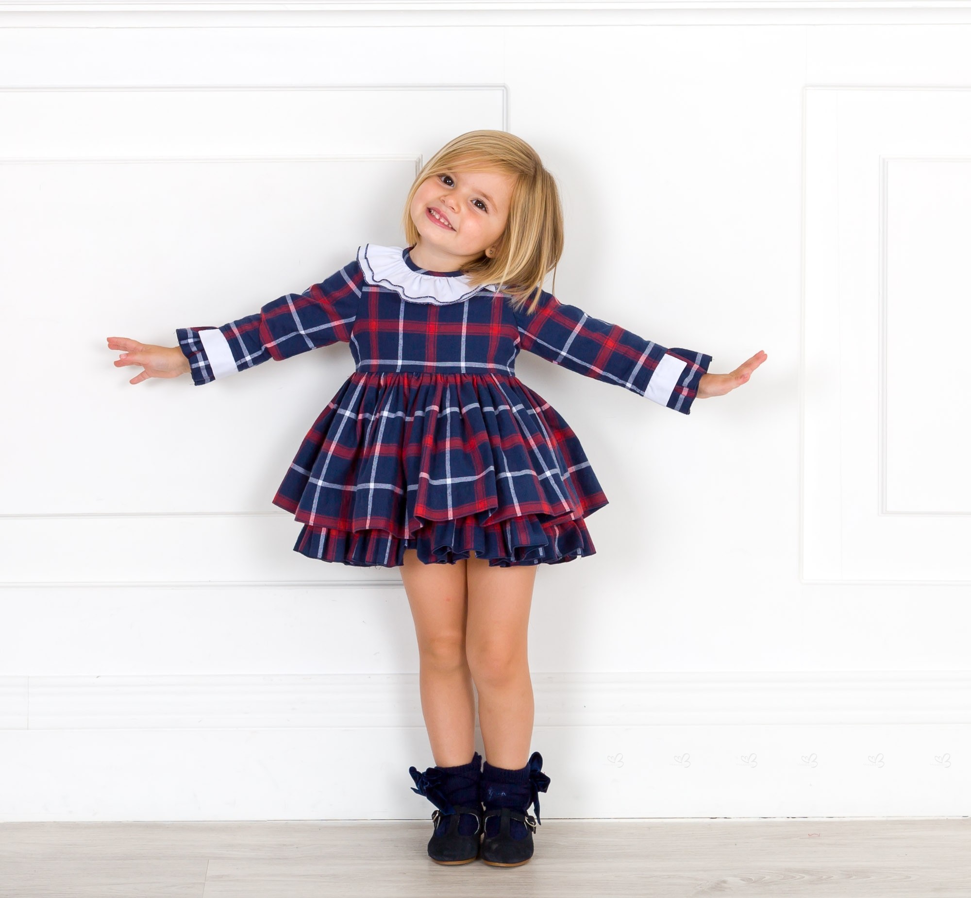 Lappepa Moda Infantil Girls Blue Burgundy Checked Dress With White Ruffle Collar Missbaby