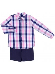 Boys Dark Blue Plaid Shirt & Linen Shorts Set