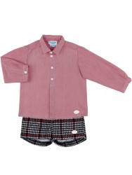 Boys Red Shirt & Navy Blue & Red Checked Shorts Set