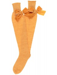 Mustard Fine Knitted Long Socks with Velvet Bow