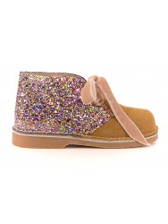 Girls Beige Suede & Glitter Boots with Velvet Bows