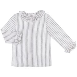 Girls White & Silver Striped Blouse with Ruffle Collar
