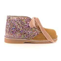 Girls Beige Suede & Glitter Boots with Velvet Bows