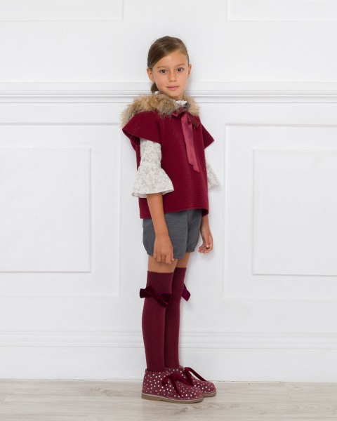 Girls Burgundy Knitted Poncho Gillet Outfit