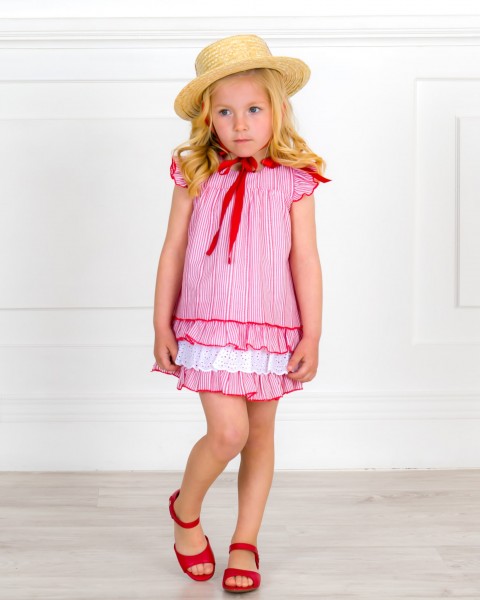 Outfit Girls Red & White Striped Ruffle Shift Dress & Red Leather Amelia Sandals