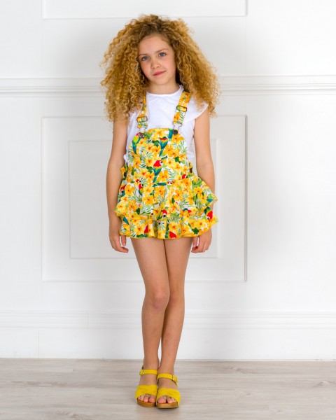 Outfit Girls Yellow Print Ruffle Dungaree Shorts & Pale Yellow Wooden Clogs Sandals