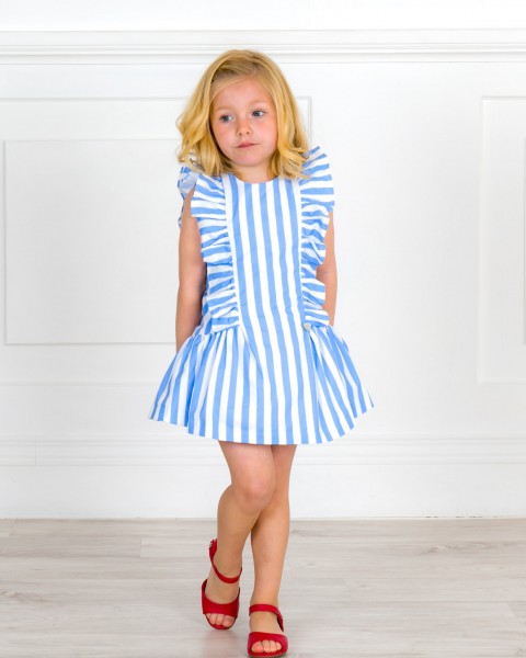 Girls Blue Striped Organic Cotton Dress & Heart Back Outfit & Red Leather Sandals