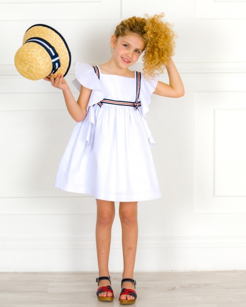 Girls White Sailor Dress with Ruffles Sleeves & Navy Blue & Red Skin & Wooden Clogs Sandals Outfit