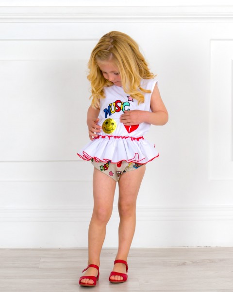 Girls Reversible Sequins T-Shirt & Graffiti Print Knickers Set & Red Leather Sandals Outfit 