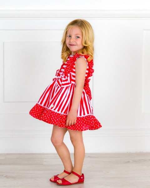 Girls Red Striped Dress & Polka Dot Ruffles Outfit & Red Leather Sandals