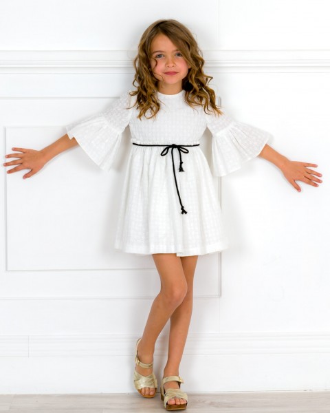 Girls Ivory Broderie Dress With Black Belt & Girls Golden Leather & Wooden Clogs Sandals Outfit 