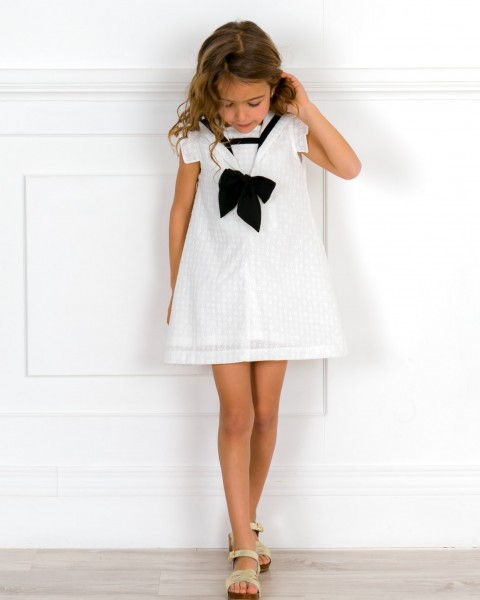 Girls Ivory & Black Broderie Sailor Dress & Golden Leather & Wooden Clogs Sandals Outfit 