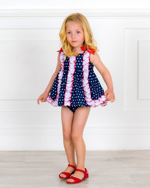 Baby Girls Blue Navy Polka Dot 2 Piece Dress Set & Girls Red Leather Sandals Outfit 