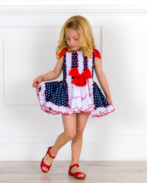 Girls Navy Blue & white Polka Dot Flared Dress & Girls Red Leather Sandals Outfit 