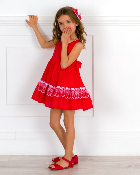 Girls Red Polka Dot Cotton & Broderie Flared Dress & Red Leather Amelia Sandals Outfit 