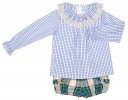 Light Blue Checked Blouse, Crown Sweater & Ruffle Shorts Set 