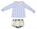Light Blue Checked Blouse, Crown Sweater & Ruffle Shorts Set 