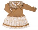 Beige Knitted Dress with Floral Skirt & Removable Fur Collar