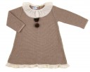 Beige & Brown Knitted Dress with pompoms & Ruffle Collar