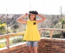 Yellow Pleated Tank Blouse with Floral Brooch