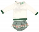 Ivory & Green Trim Knitted Sweater & Ruffle Shorts Set 